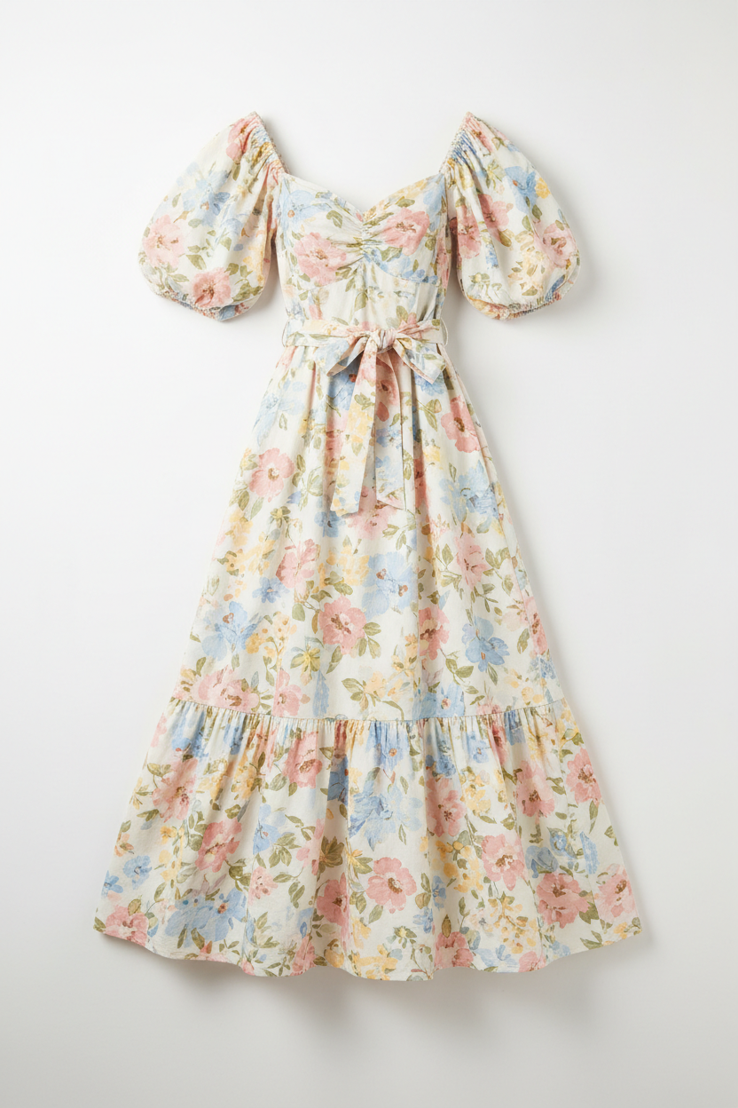 Women's floral midi summer dress on white background